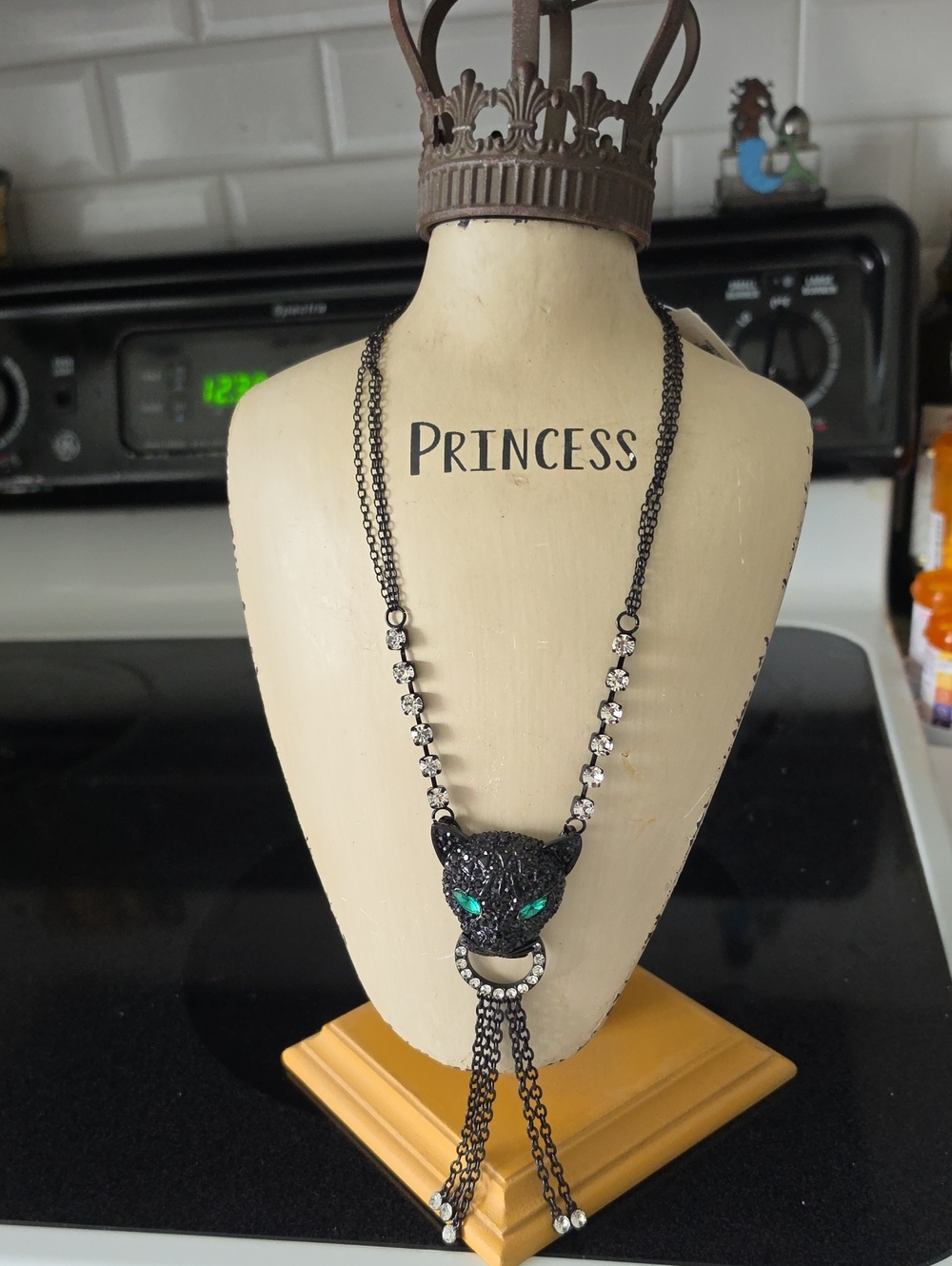 Black Panther Head Pendant Necklace with Green Eyes - Princess